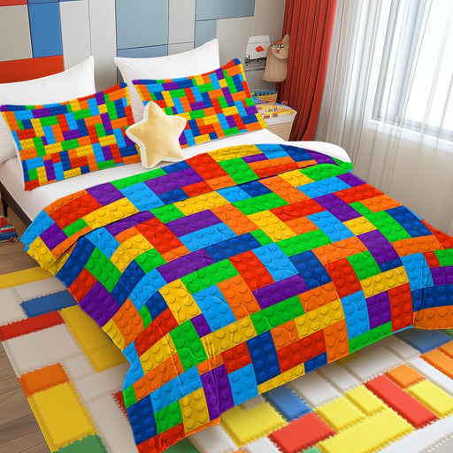 3Pc Comforter Set Colorful Toy Building Blocks Background Pattern Quilt Coverlet Bedspread King Size Fun and Colorful Bedding Sets with 2 Pillow Shams for Kids Teen Boys Girls