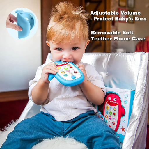 Baby Shark Cell Phone Toy Removable Teether Case, Light, Music Adjustable Volume Kid Play Learn Fake Phone Infant Toddler, Preschool Holiday Birthday Present Gift for Girl Boy 12 Months (Blue)